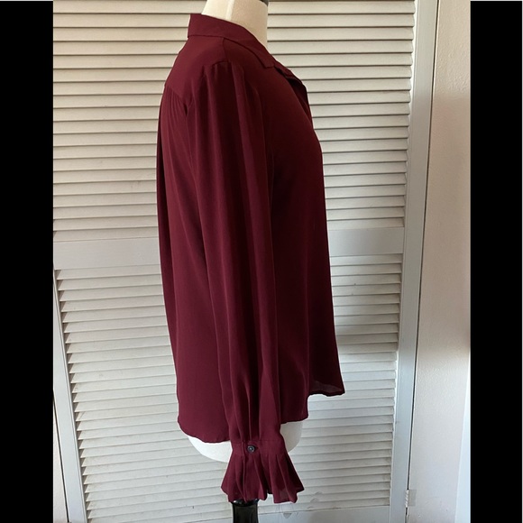 LOFT Burgundy Ruffled Long Sleeve Button Down Blouse Top - Picture 2 of 7